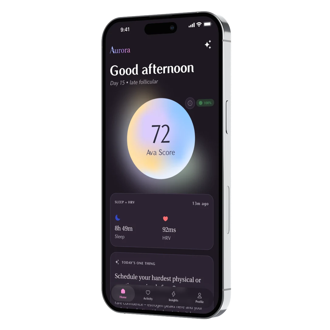 The Aurora app showing an Ava Score of 72 and today's one thing.